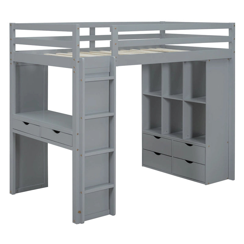 Hoogslaper in Full Size met grote planken, schrijfblad en ledverlichting