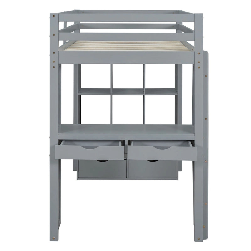 Hoogslaper in Full Size met grote planken, schrijfblad en ledverlichting