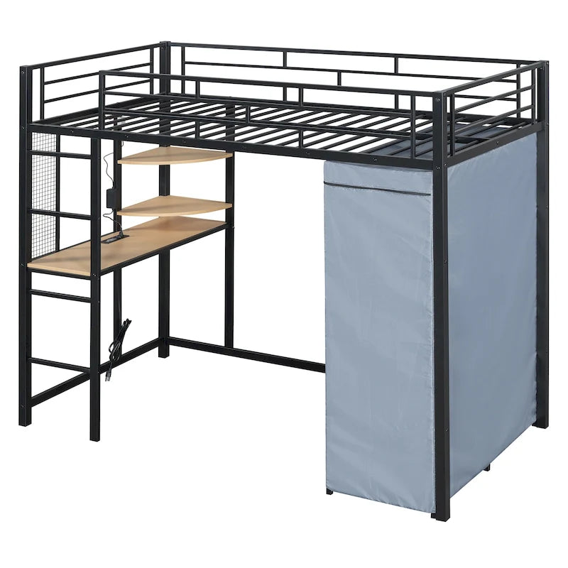 Metall-Etagenbett für zwei Personen mit Schreibtisch, Ablagefächern, Steckdose, LED-Licht und Kleiderschrank