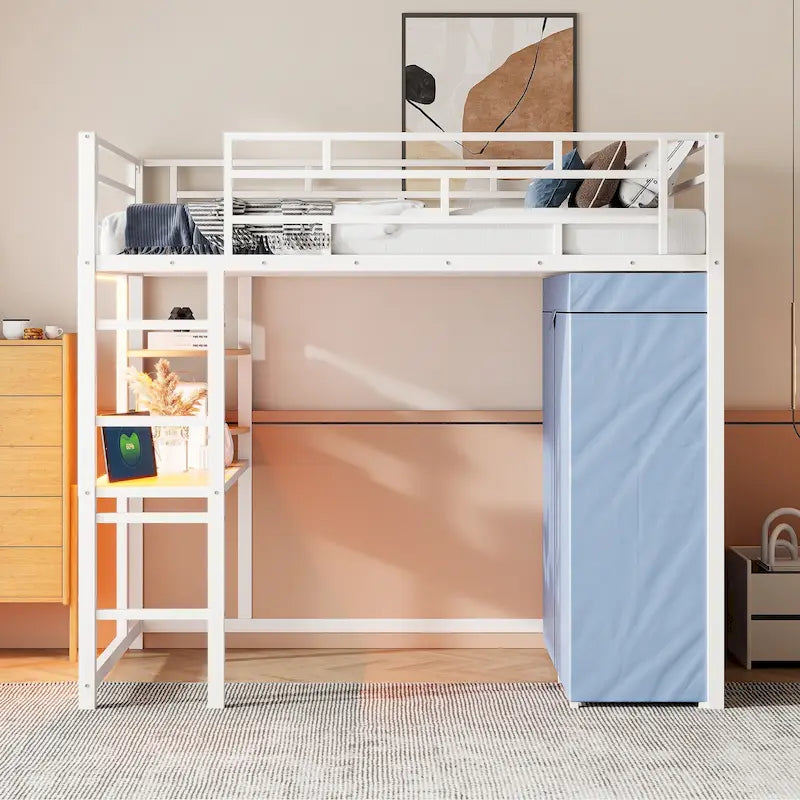 Letto a soppalco singolo in metallo con scrivania, ripiani, presa elettrica, luce LED e armadio