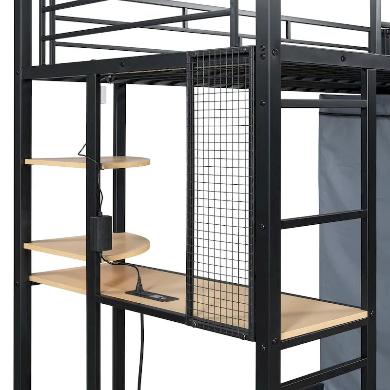 Letto a soppalco singolo in metallo con scrivania, ripiani, presa elettrica, luce LED e armadio