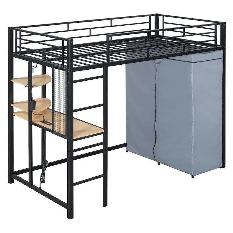 Metall-Etagenbett für zwei Personen mit Schreibtisch, Ablagefächern, Steckdose, LED-Licht und Kleiderschrank