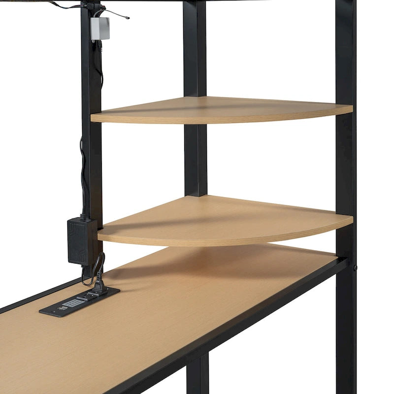 Metall-Etagenbett für zwei Personen mit Schreibtisch, Ablagefächern, Steckdose, LED-Licht und Kleiderschrank