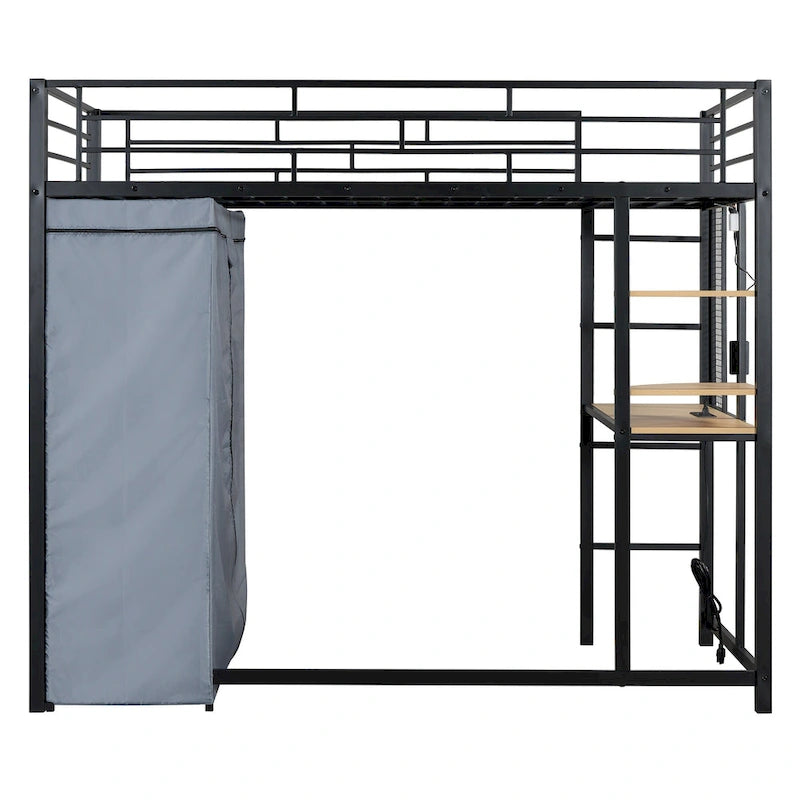 Metall-Etagenbett für zwei Personen mit Schreibtisch, Ablagefächern, Steckdose, LED-Licht und Kleiderschrank