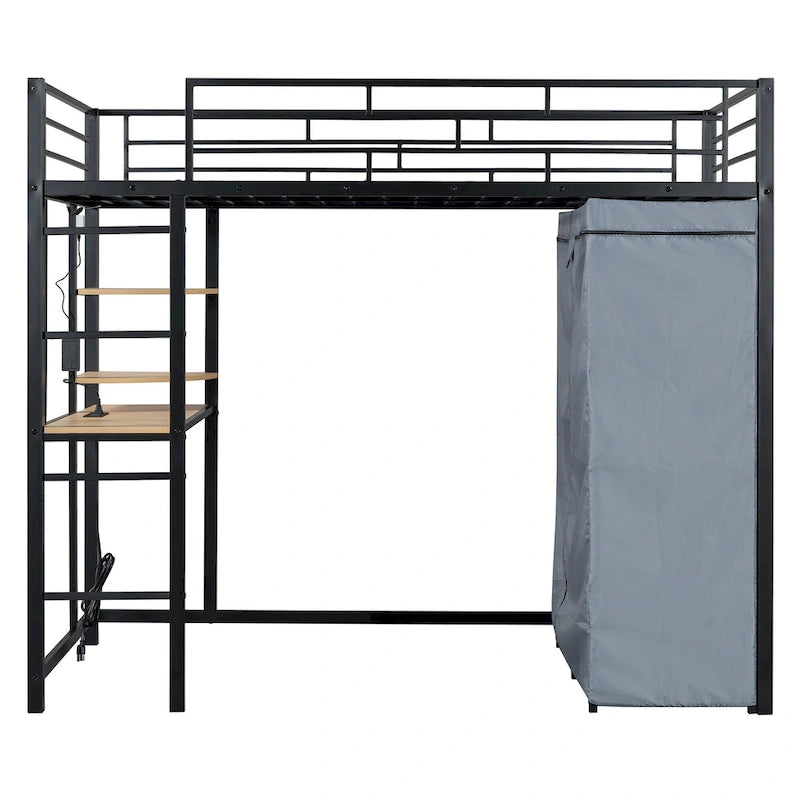 Metall-Etagenbett für zwei Personen mit Schreibtisch, Ablagefächern, Steckdose, LED-Licht und Kleiderschrank