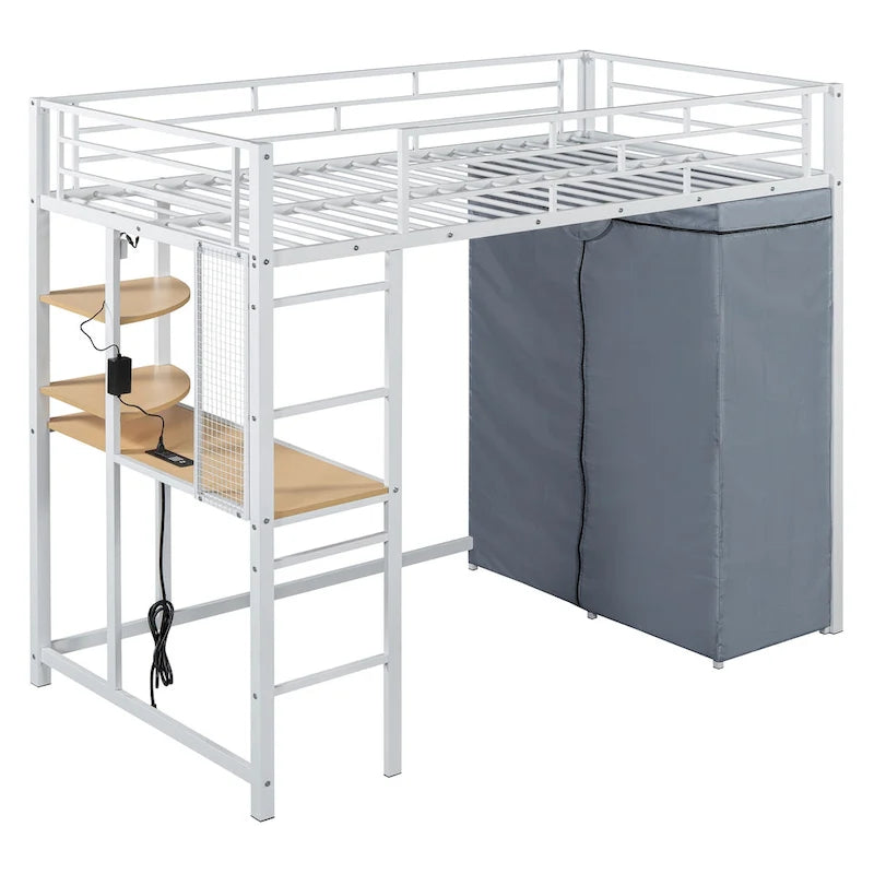 Metall-Etagenbett für zwei Personen mit Schreibtisch, Ablagefächern, Steckdose, LED-Licht und Kleiderschrank