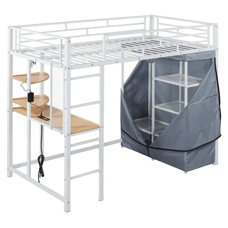 Metall-Etagenbett für zwei Personen mit Schreibtisch, Ablagefächern, Steckdose, LED-Licht und Kleiderschrank