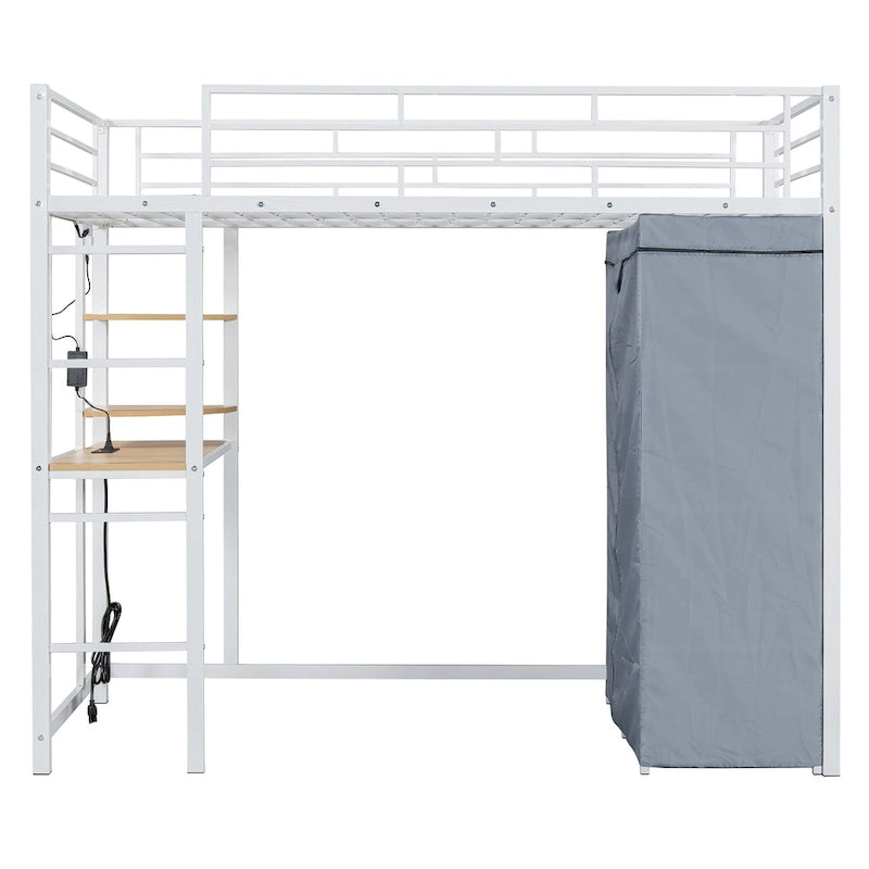 Metall-Etagenbett für zwei Personen mit Schreibtisch, Ablagefächern, Steckdose, LED-Licht und Kleiderschrank