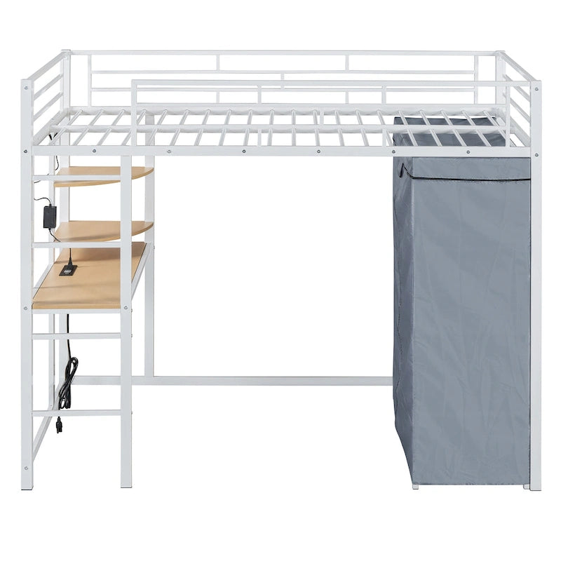 Metall-Etagenbett für zwei Personen mit Schreibtisch, Ablagefächern, Steckdose, LED-Licht und Kleiderschrank