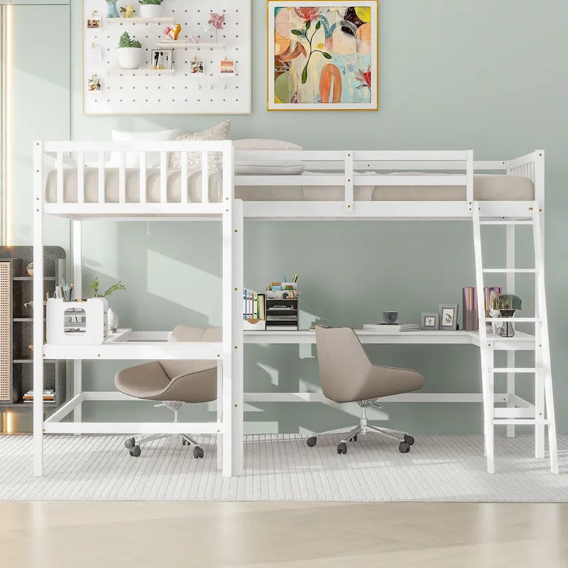 Drewniane łóżko piętrowe Twin Size w kształcie litery L z drabinką i 2 wbudowanymi biurkami w kształcie litery L