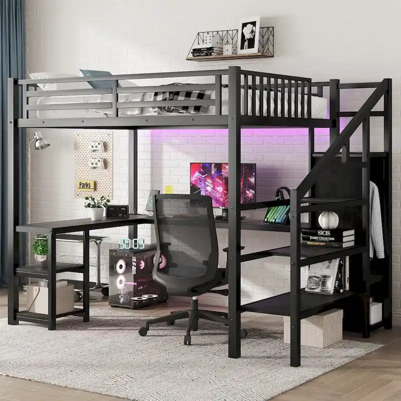 Hochbett in voller Größe mit Schreibtisch, Kleiderschrank, LED und USB