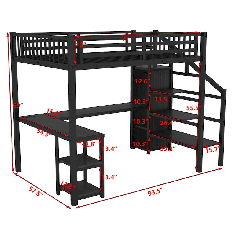 Hochbett in voller Größe mit Schreibtisch, Kleiderschrank, LED und USB