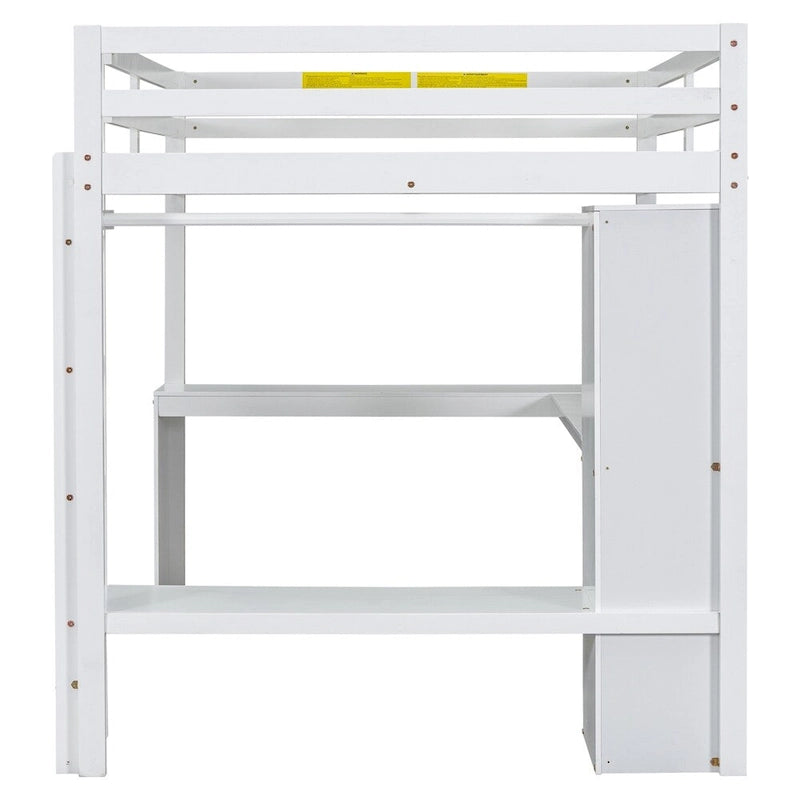 Full Size Loft Bed with L-shaped Desk,Wardrobe and Storage Shelves