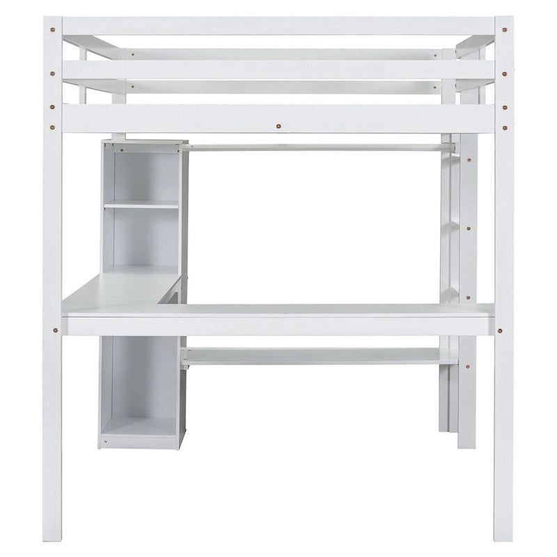 Full Size Loft Bed with L-shaped Desk,Wardrobe and Storage Shelves