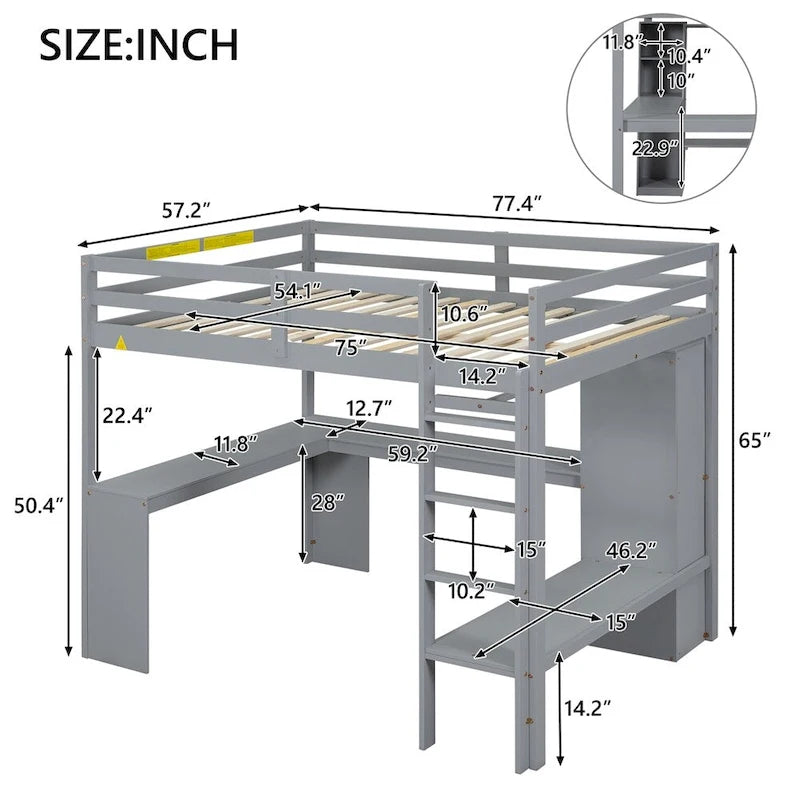 Full Size Loft Bed with L-shaped Desk,Wardrobe and Storage Shelves