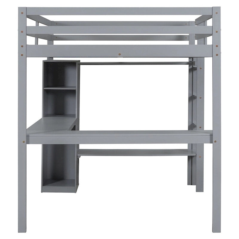 Full Size Loft Bed with L-shaped Desk,Wardrobe and Storage Shelves