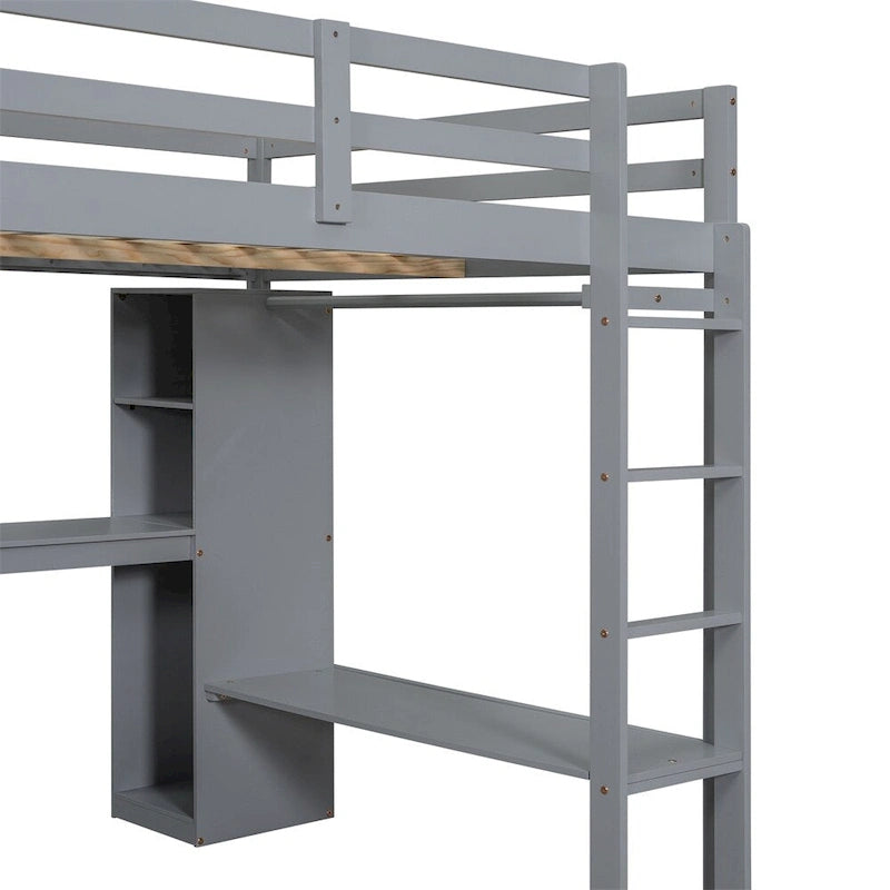 Full Size Loft Bed with L-shaped Desk,Wardrobe and Storage Shelves