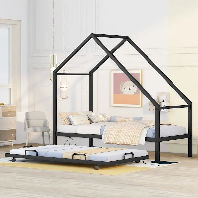 Letto a forma di casetta in metallo con letto estraibile, letto a forma di casetta singolo