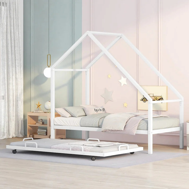 Letto a forma di casetta in metallo con letto estraibile, letto a forma di casetta singolo