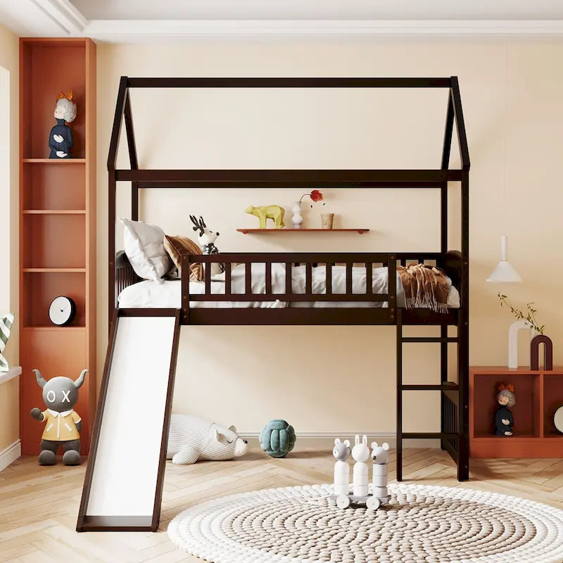 Letto a soppalco singolo con scivolo, letto a forma di casetta con scivolo