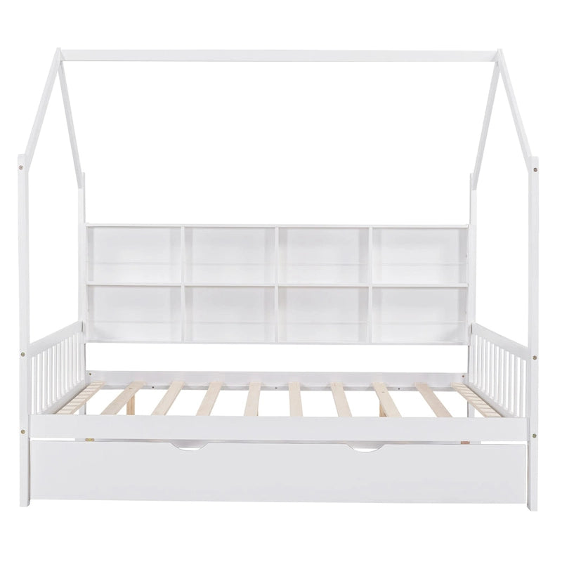 Wooden Full Size House Bed with Trundle