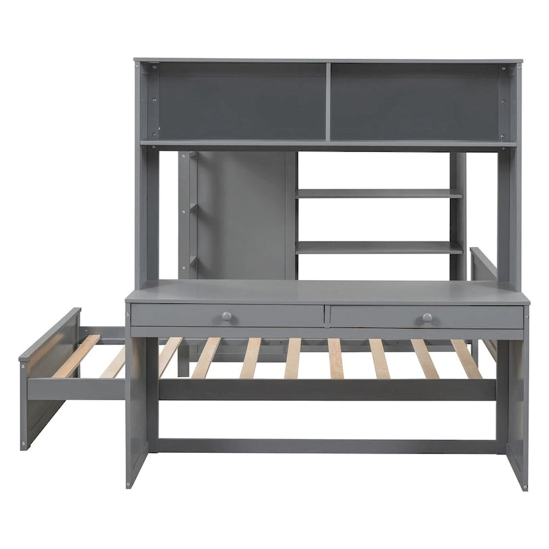 Hoogslaper op fullformaat met vrijstaand bed op twinformaat, planken, bureau en kledingkast - espresso