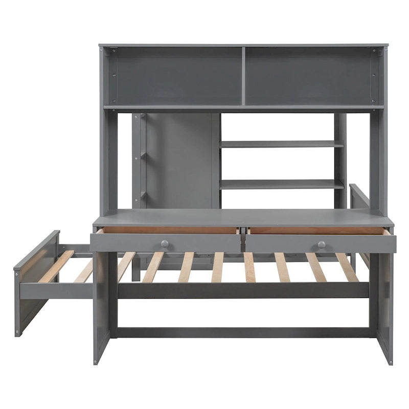Hoogslaper op fullformaat met vrijstaand bed op twinformaat, planken, bureau en kledingkast - espresso