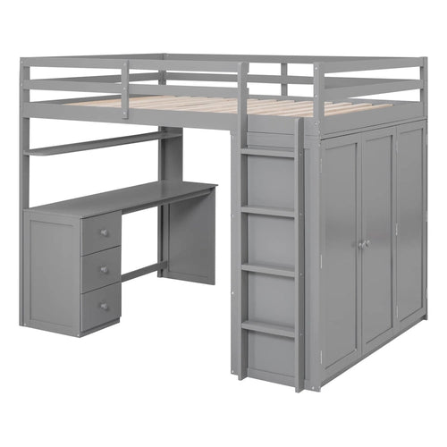 Full-Size-Etagenbett mit Schubladen, Schreibtisch und Kleiderschrank – Grau