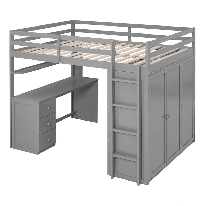 Full-Size-Etagenbett mit Schubladen, Schreibtisch und Kleiderschrank – Grau