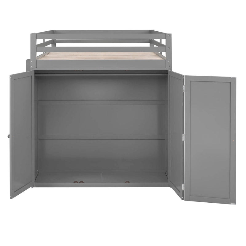 Full-Size-Etagenbett mit Schubladen, Schreibtisch und Kleiderschrank – Grau