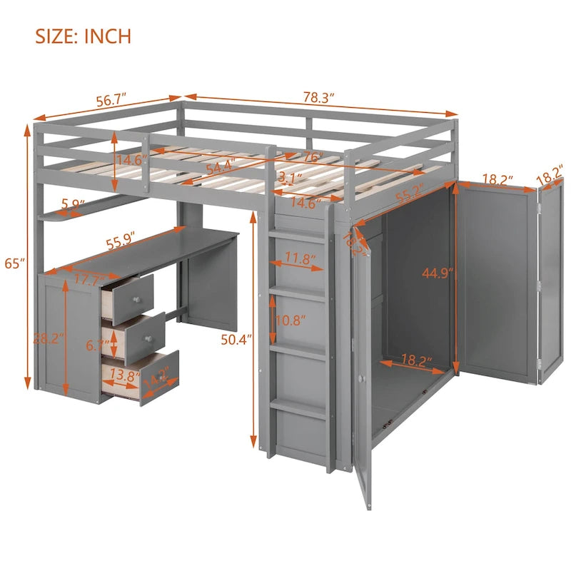 Full-Size-Etagenbett mit Schubladen, Schreibtisch und Kleiderschrank – Grau