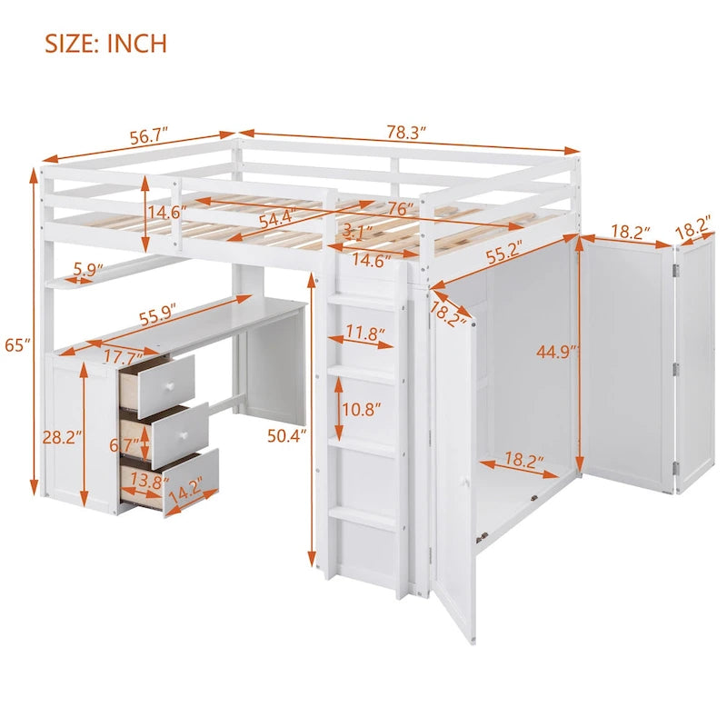 Full-Size-Etagenbett mit Schubladen, Schreibtisch und Kleiderschrank – Grau