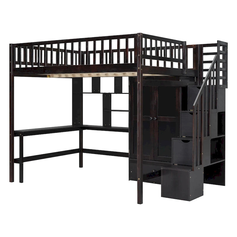 Hochbett in voller Größe mit Bücherregal, Schubladen, Schreibtisch und Kleiderschrank – Espresso