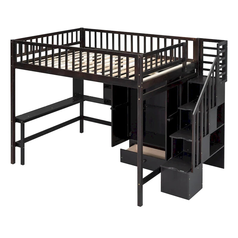 Hochbett in voller Größe mit Bücherregal, Schubladen, Schreibtisch und Kleiderschrank – Espresso