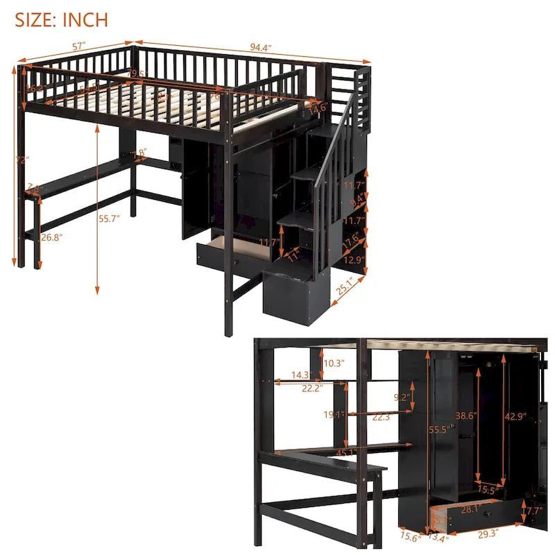 Hochbett in voller Größe mit Bücherregal, Schubladen, Schreibtisch und Kleiderschrank – Espresso
