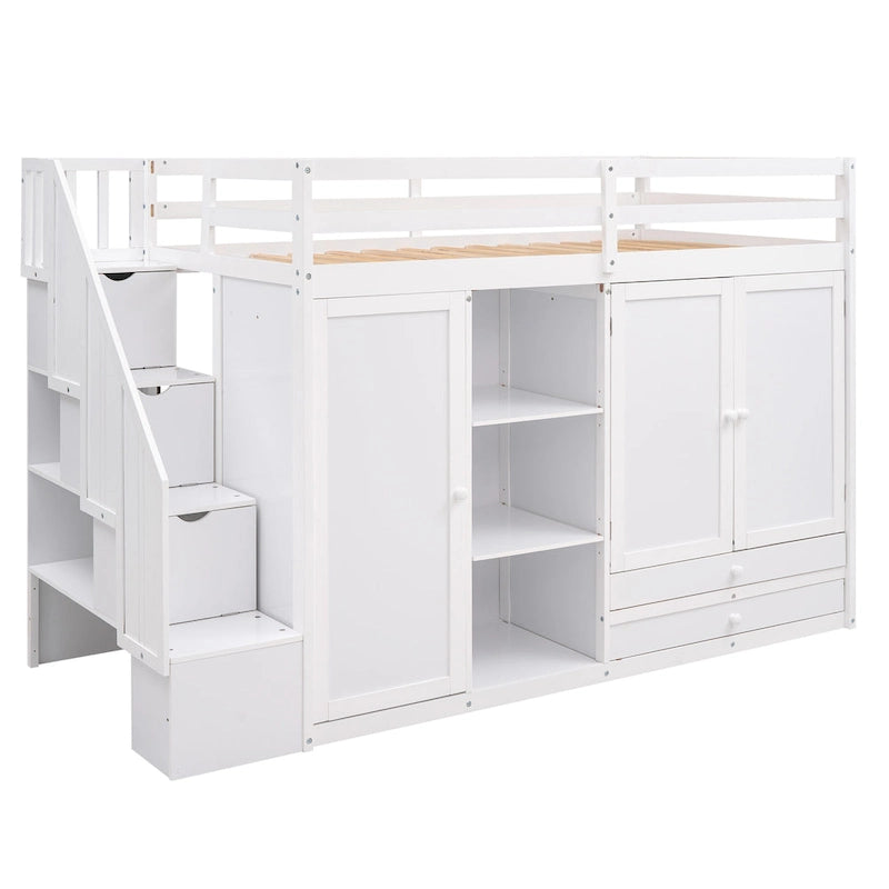 Functionele hoogslaper met 3 planken, 2 kledingkasten en 2 laden, ladder met opbergruimte, geen boxspring nodig, grijs