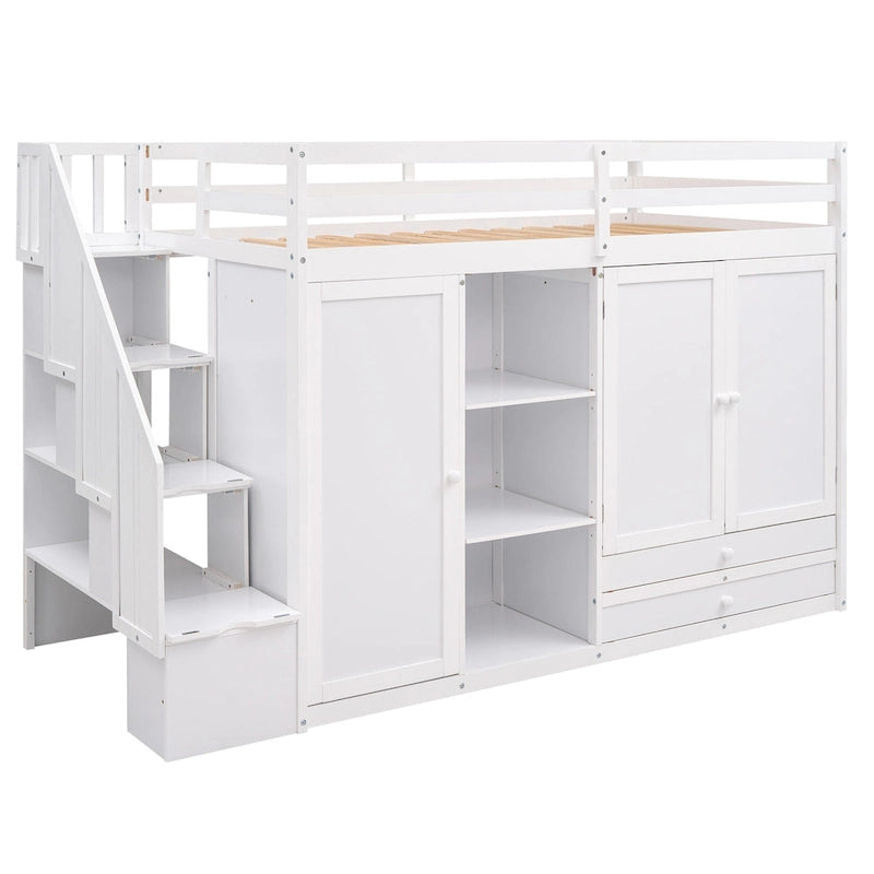Functionele hoogslaper met 3 planken, 2 kledingkasten en 2 laden, ladder met opbergruimte, geen boxspring nodig, grijs