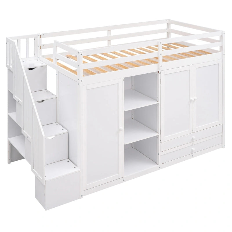 Functionele hoogslaper met 3 planken, 2 kledingkasten en 2 laden, ladder met opbergruimte, geen boxspring nodig, grijs