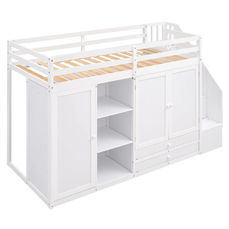 Functionele hoogslaper met 3 planken, 2 kledingkasten en 2 laden, ladder met opbergruimte, geen boxspring nodig, grijs