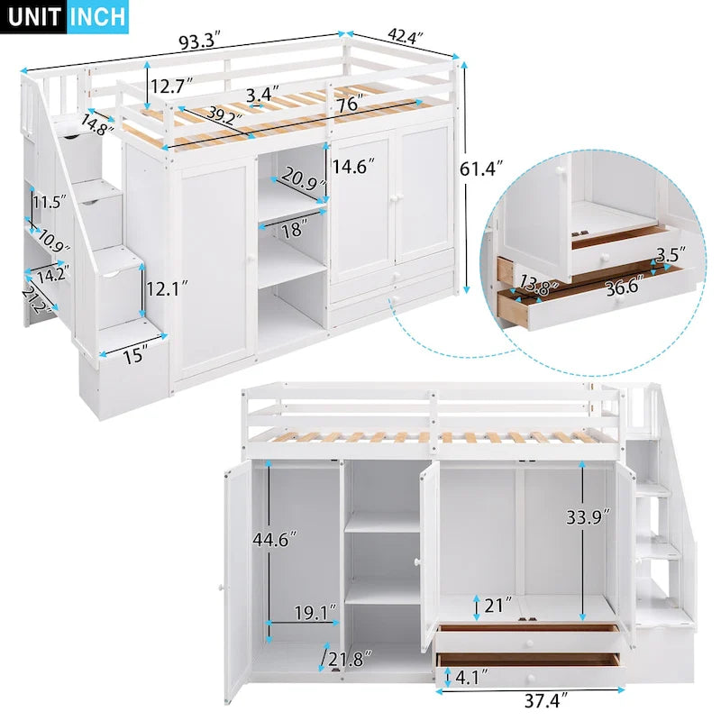 Functionele hoogslaper met 3 planken, 2 kledingkasten en 2 laden, ladder met opbergruimte, geen boxspring nodig, grijs