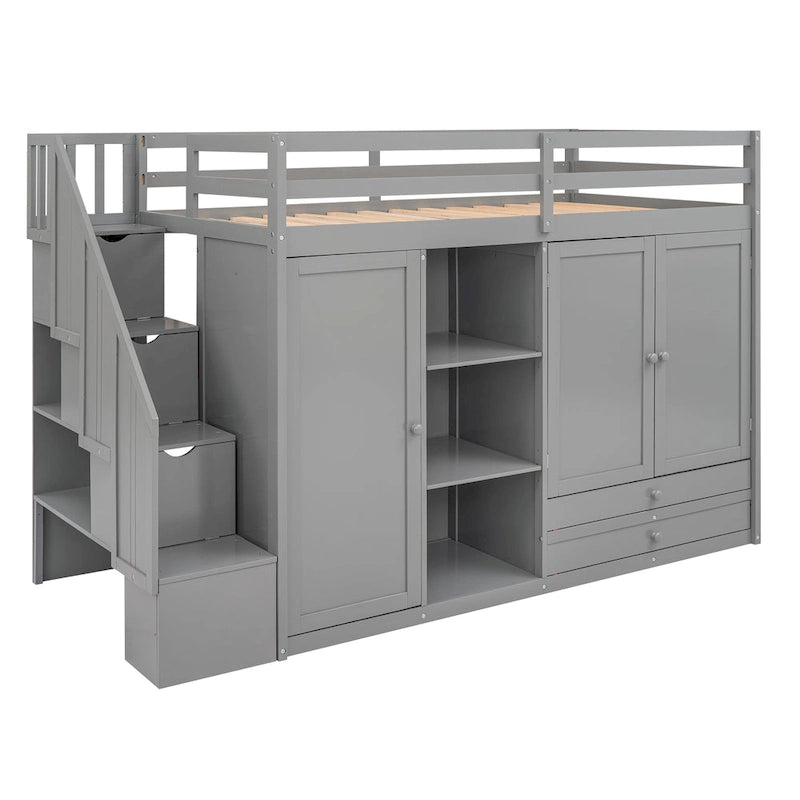 Functionele hoogslaper met 3 planken, 2 kledingkasten en 2 laden, ladder met opbergruimte, geen boxspring nodig, grijs