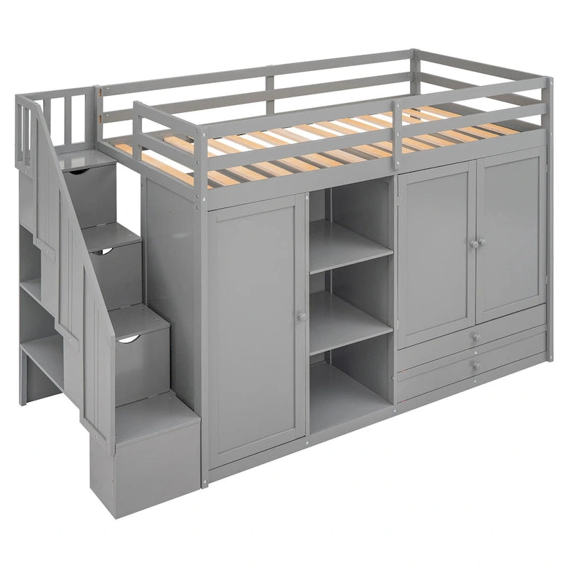 Functionele hoogslaper met 3 planken, 2 kledingkasten en 2 laden, ladder met opbergruimte, geen boxspring nodig, grijs