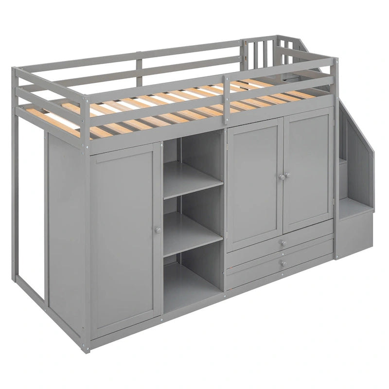 Functionele hoogslaper met 3 planken, 2 kledingkasten en 2 laden, ladder met opbergruimte, geen boxspring nodig, grijs