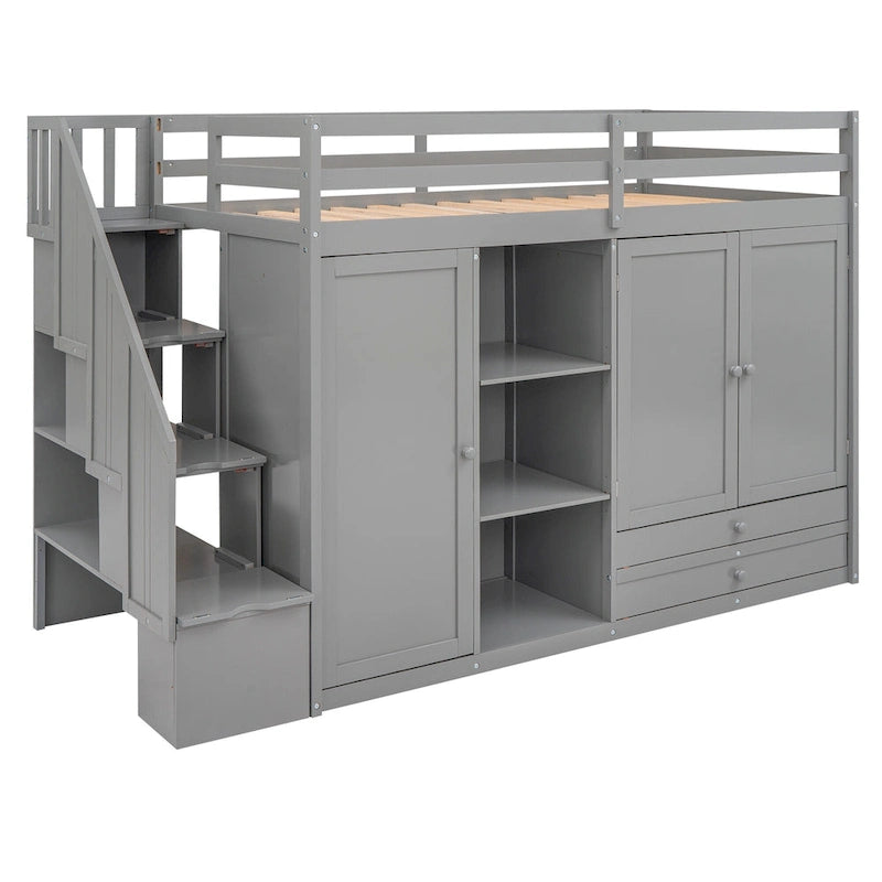 Functionele hoogslaper met 3 planken, 2 kledingkasten en 2 laden, ladder met opbergruimte, geen boxspring nodig, grijs