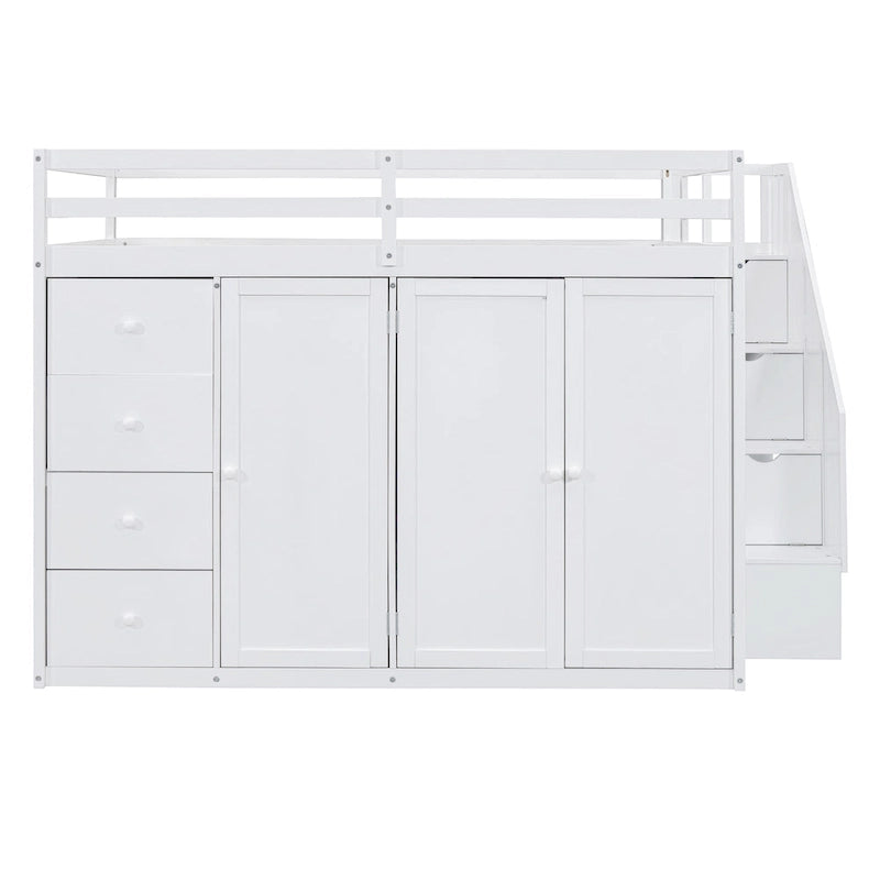 Full Size Wood Loft Bed With Built-in Wardrobes, Cabinets and Drawers, Gray