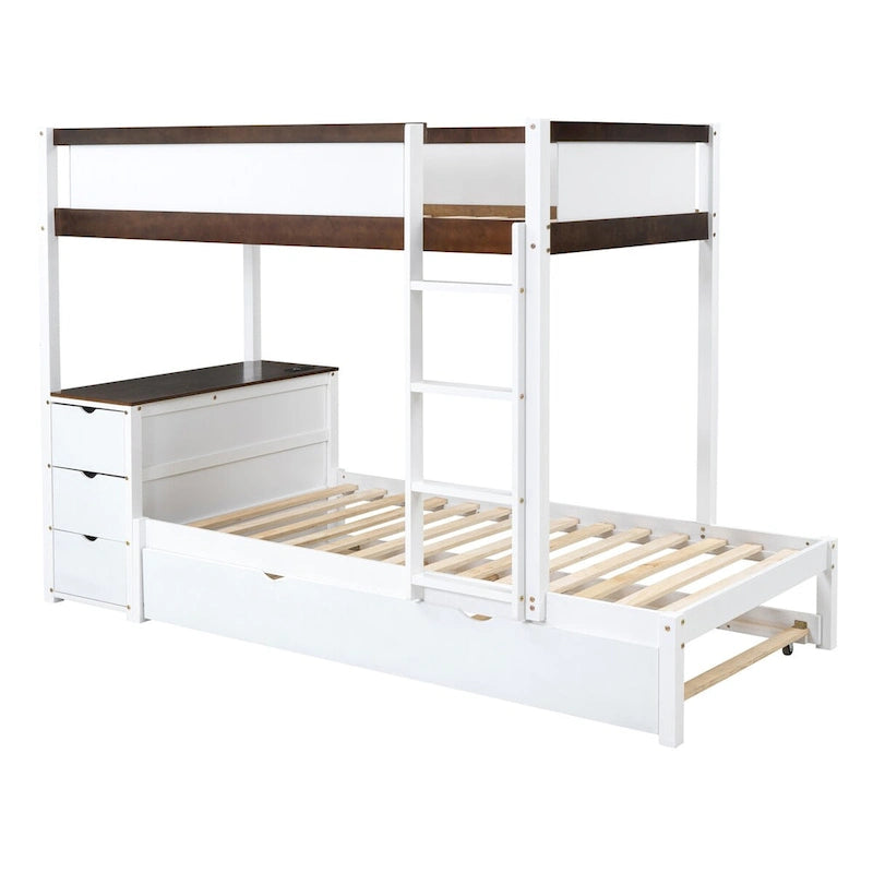 Twin-über-Twin-Etagenbett mit Ausziehbett in Twin-Größe, Stauraum und Schreibtisch, Etagenbett in Twin-Größe