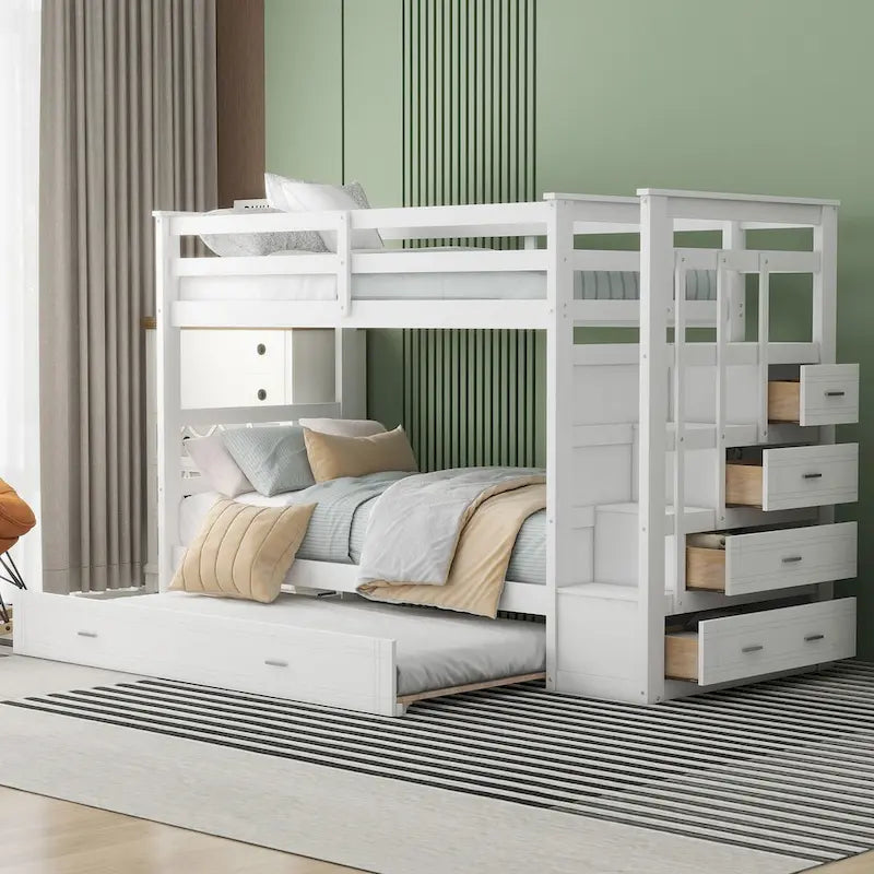 Etagenbett Twin über Twin mit Ausziehbett und Treppe, Stauraumbett in Twin-Größe