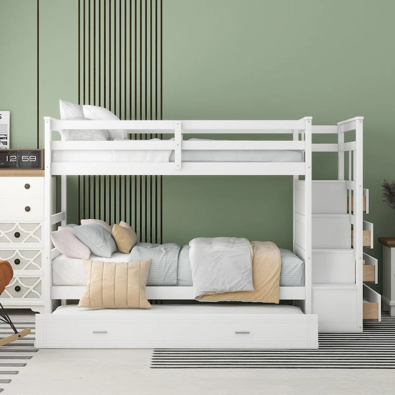 Etagenbett Twin über Twin mit Ausziehbett und Treppe, Stauraumbett in Twin-Größe