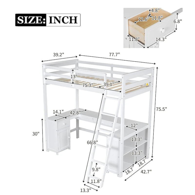 Twin Size Loft Bed with U-shaped Desk, Drawers and Storage Shelves