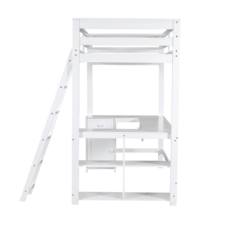 Twin Size Loft Bed with U-shaped Desk, Drawers and Storage Shelves